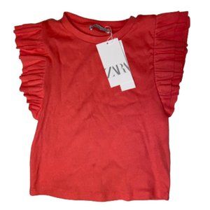 Zara Bright Coral Ruffle Sleeve Crop Top